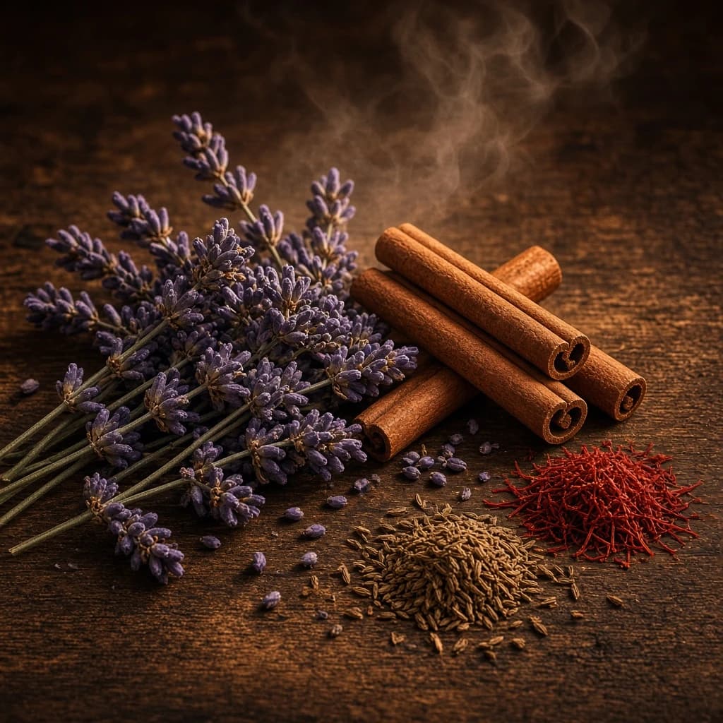 Heart notes: lavender, cinnamon, cumin, saffron