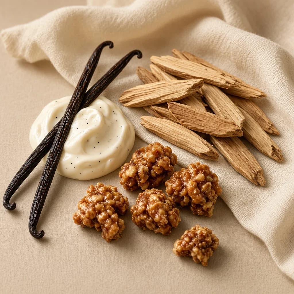 Dry-down notes composition — vanilla, praline, sandalwood