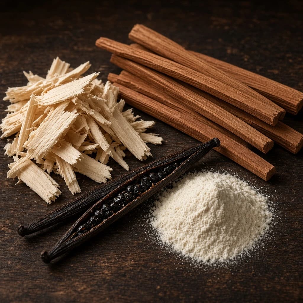 Dry-down composition — cashmere wood, musk, sandalwood, cedarwood, and vanilla