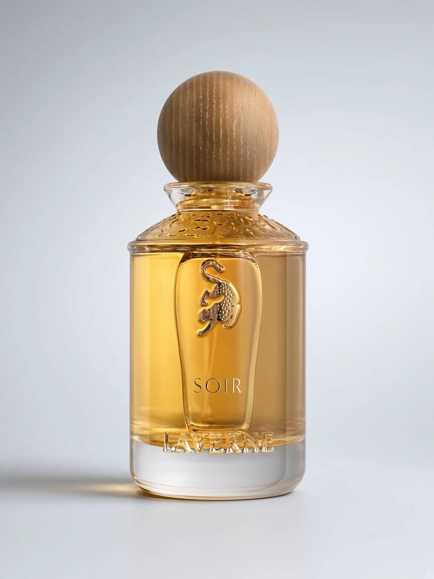 Soir amber bottle with wooden sphere cap — studio hero