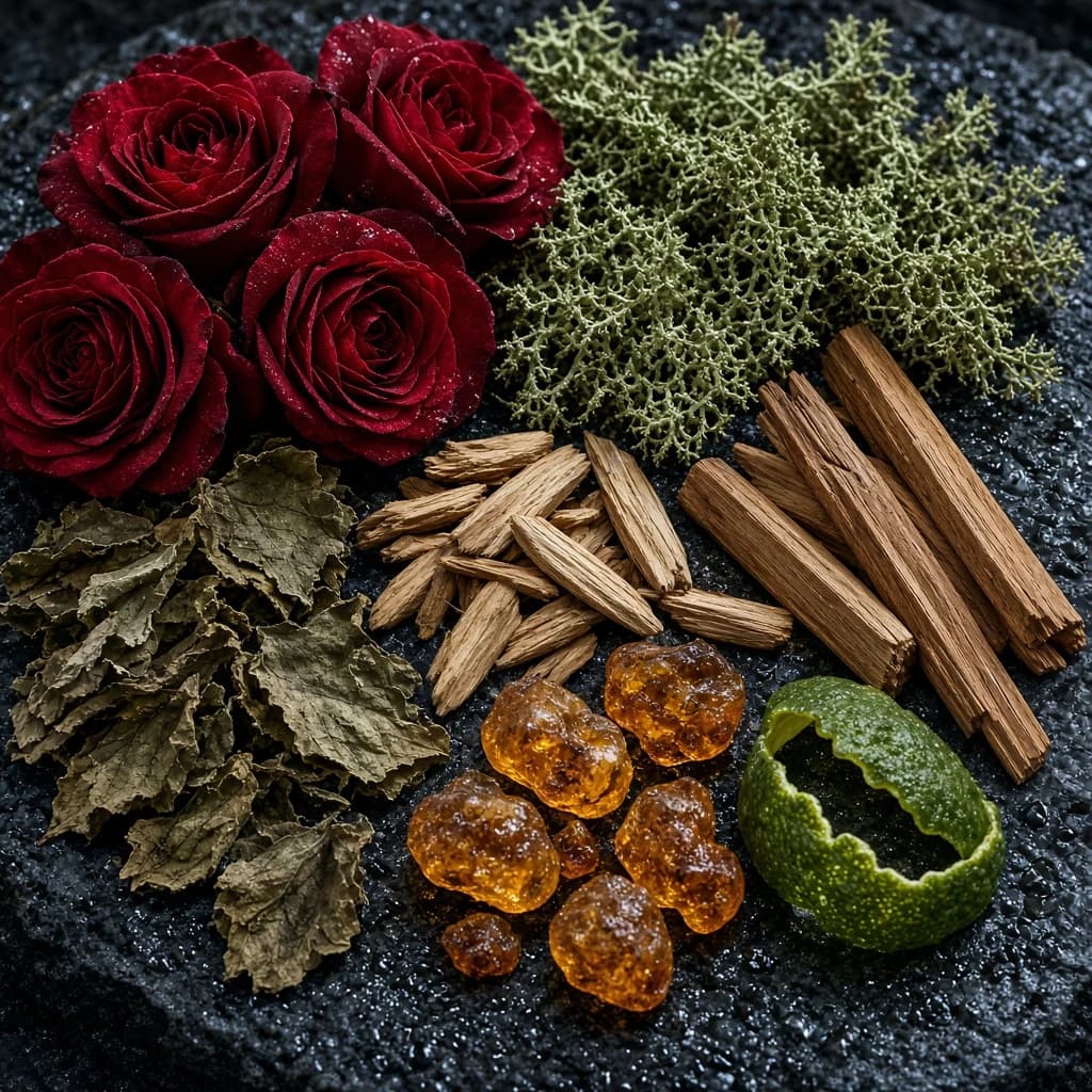 Notes composition — rose, oakmoss, patchouli, sandalwood, cedar, amber, bergamot