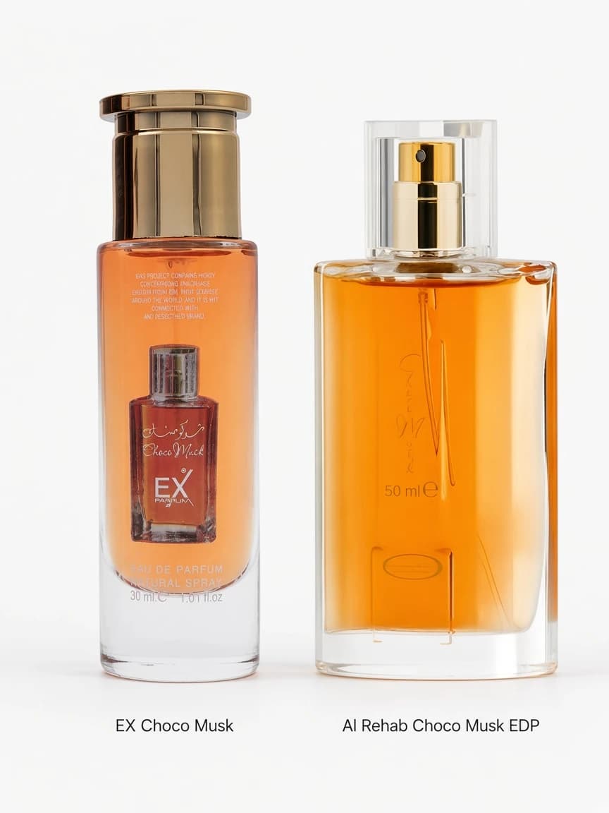 Dupe comparison: EX Choco Musk beside Al Rehab Choco Musk EDP
