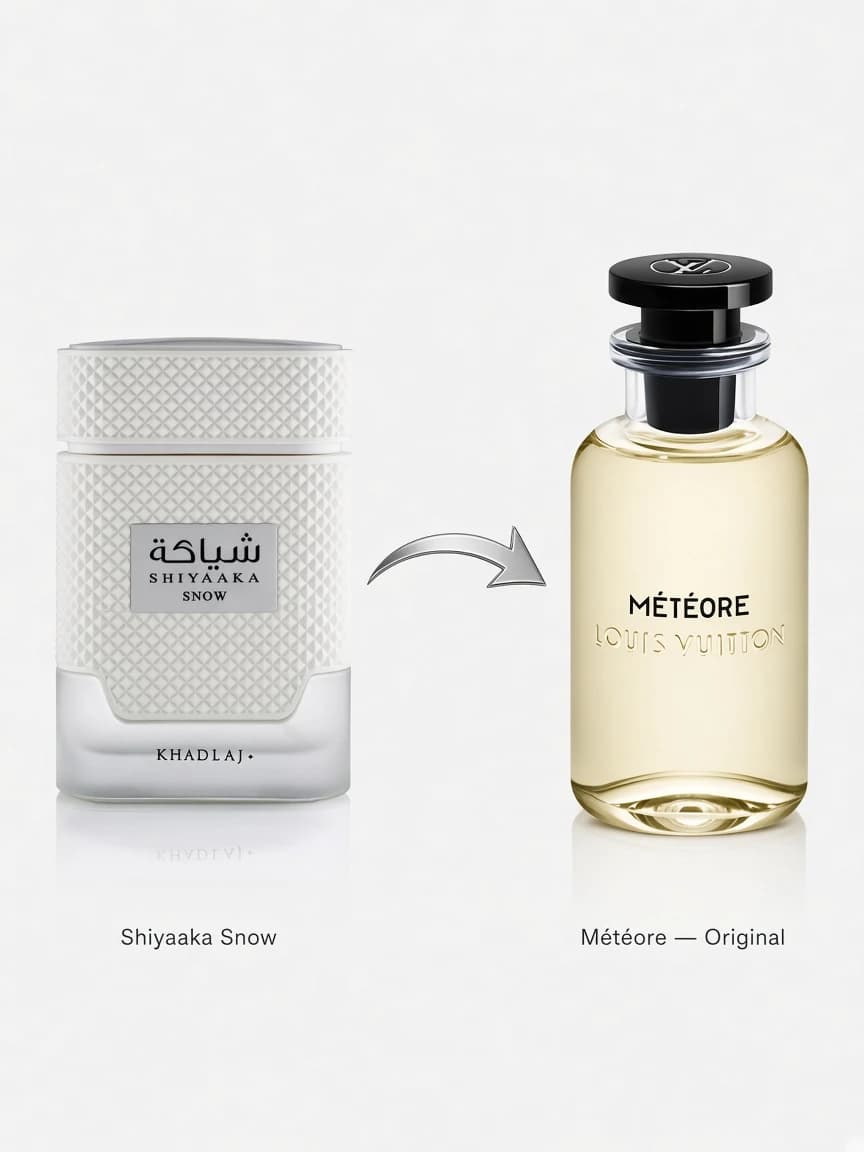 Dupe comparison — Shiyaaka Snow beside Louis Vuitton Météore