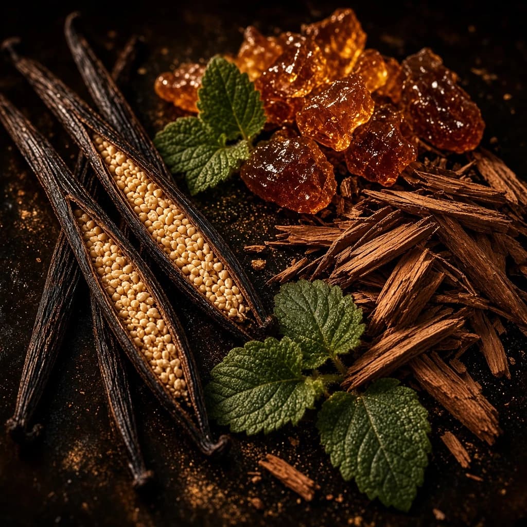 Base notes: black vanilla, amber, patchouli, cedarwood