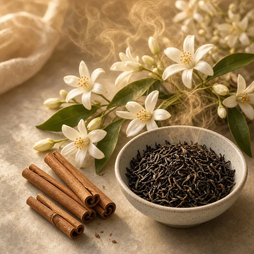 Heart notes composition — cinnamon, neroli, black tea