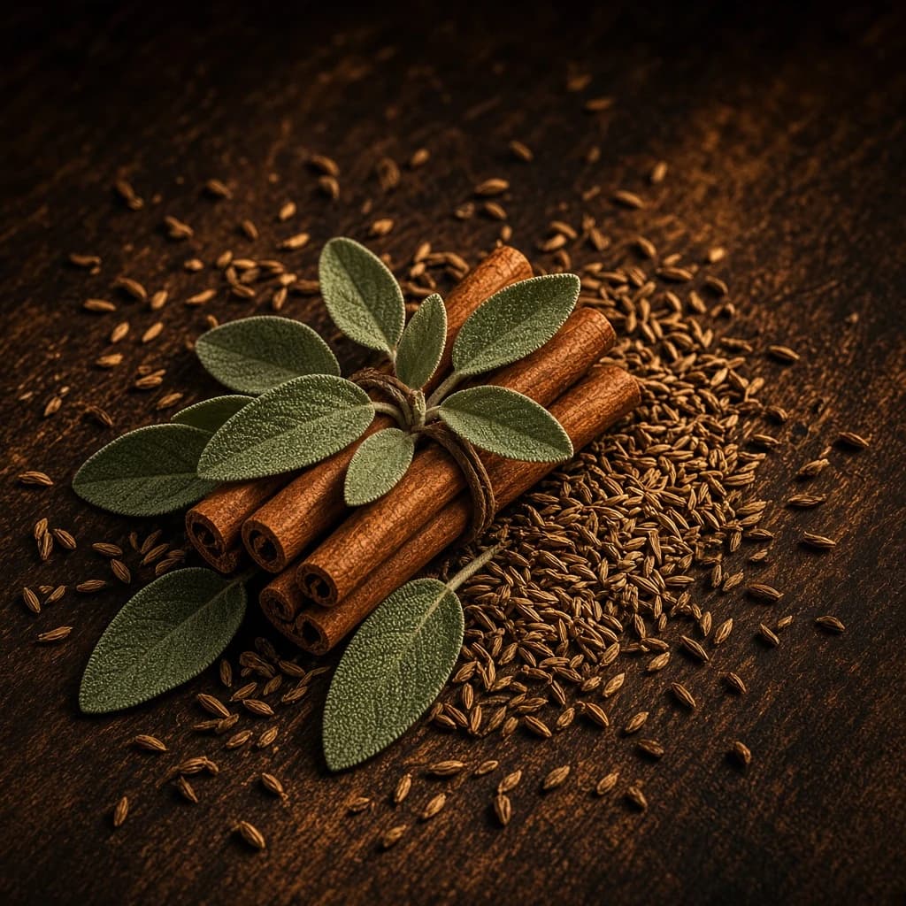 Heart notes: cinnamon, sage, cumin