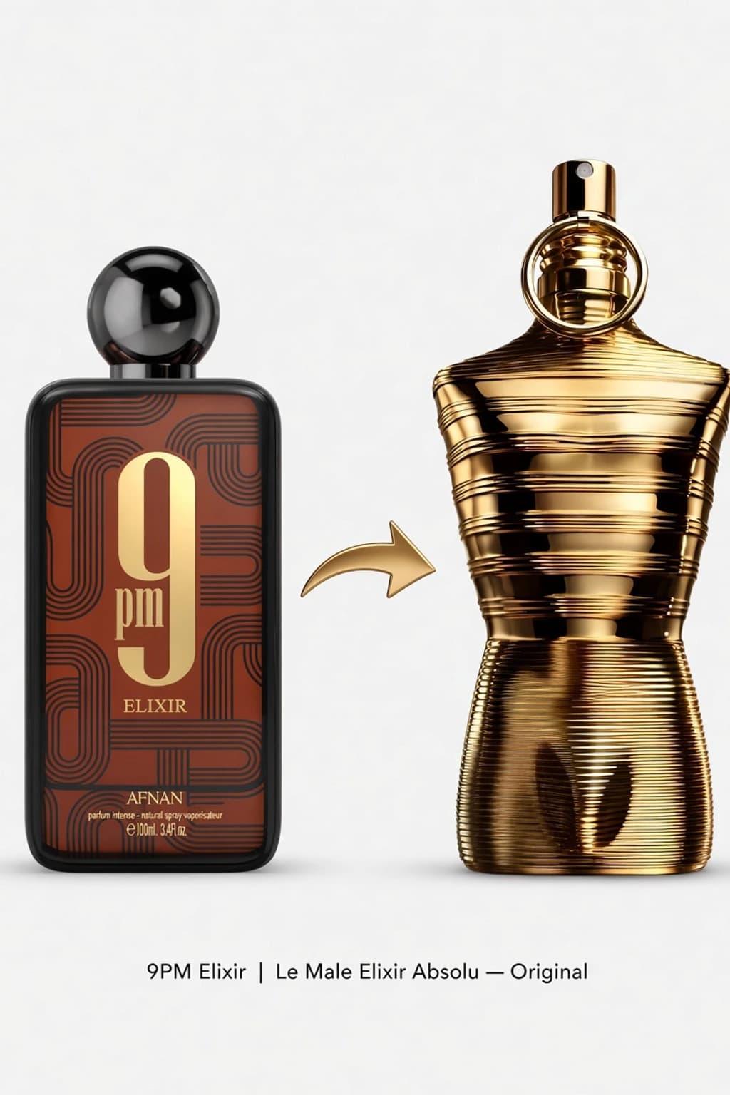 Dupe comparison — 9PM Elixir beside Le Male Elixir Absolu