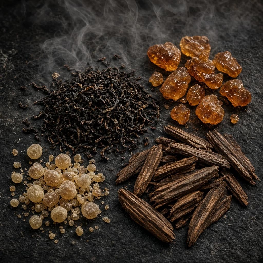 Dry-down notes — Ambroxan, black tea, olibanum, guaiac