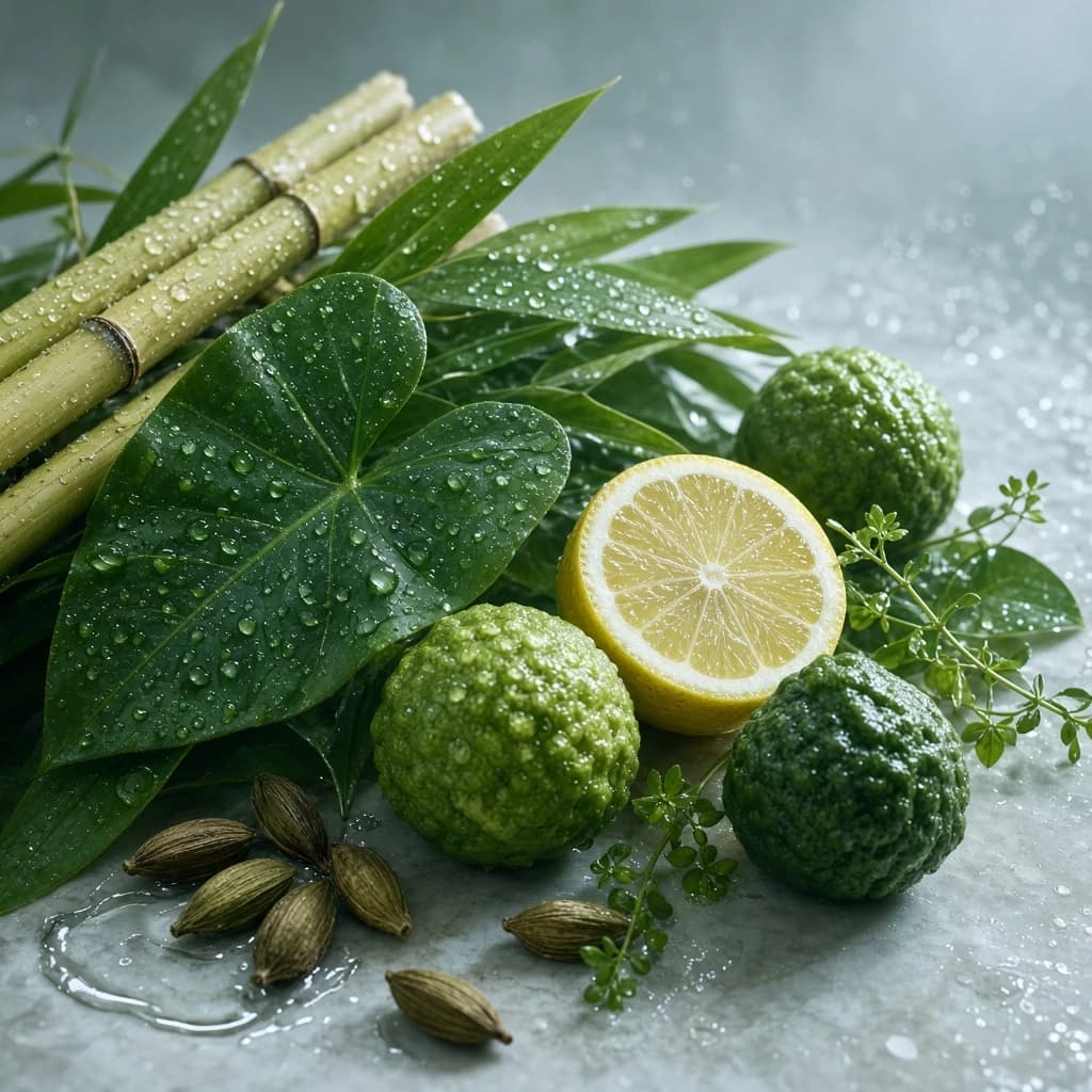 Opening notes — green notes, lemon, bergamot, aquatic, spice
