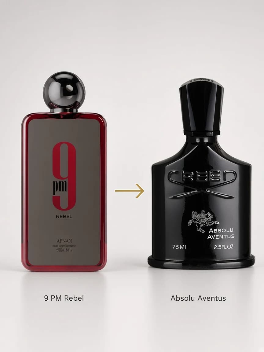 Dupe comparison — 9 PM Rebel beside Absolu Aventus