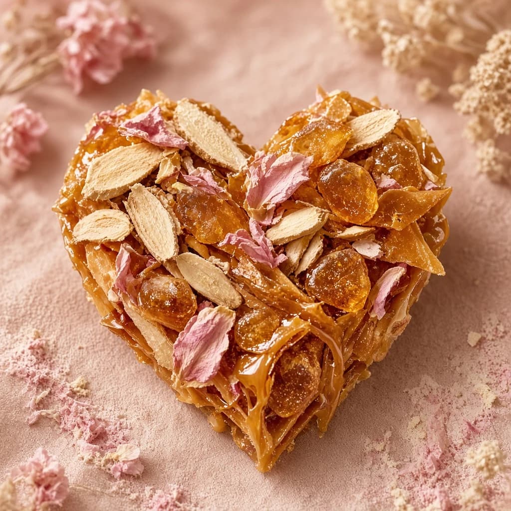 Heart notes composition — caramel, amber, orris, rose