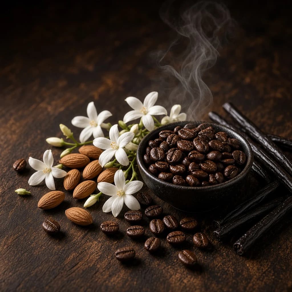 Heart notes: coffee, jasmine, bitter almond, licorice