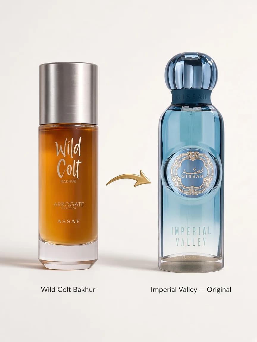 Dupe comparison — Wild Colt Bakhur beside Gissah Imperial Valley