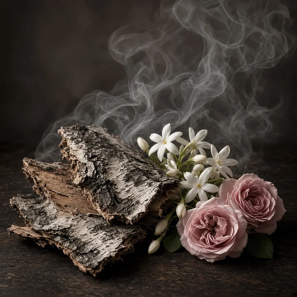 Heart notes composition — birch, jasmine, rose