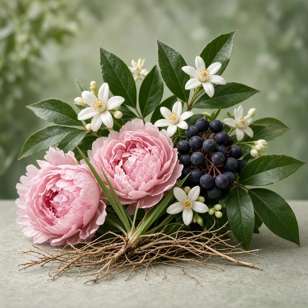 Heart notes composition — orange blossom, peony, vetiver, mahonia