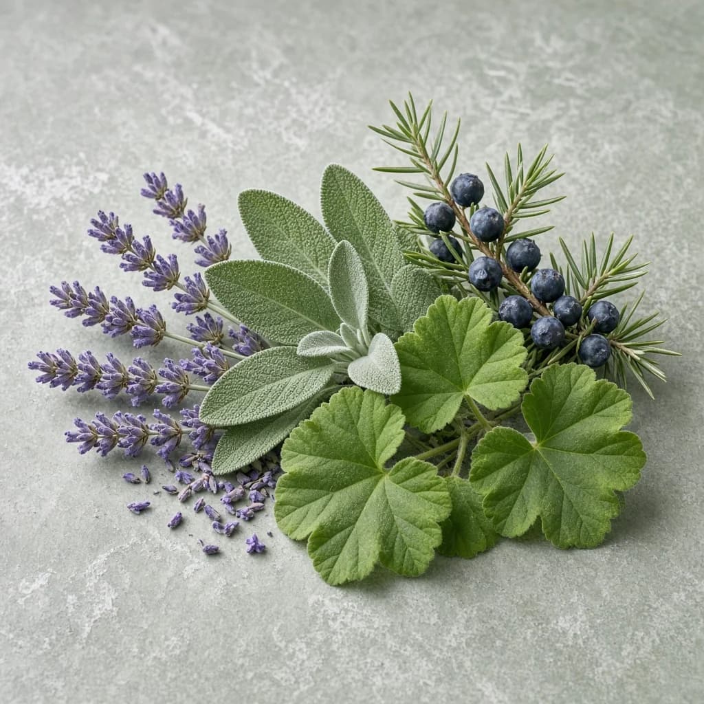 Heart notes composition — lavender, sage, juniper, geranium