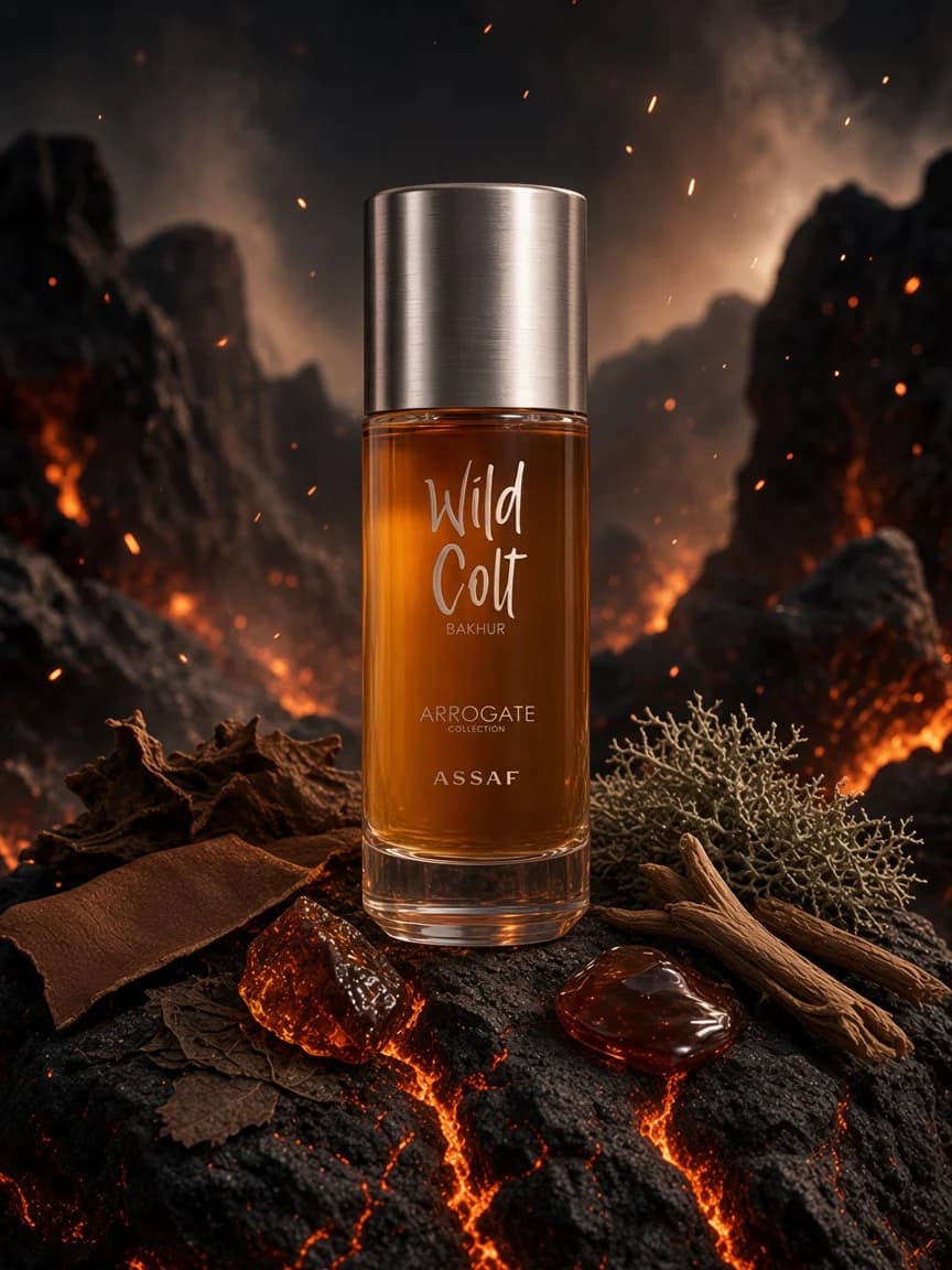 Wild Colt Bakhur campaign — amber charcoal night, leather and resin