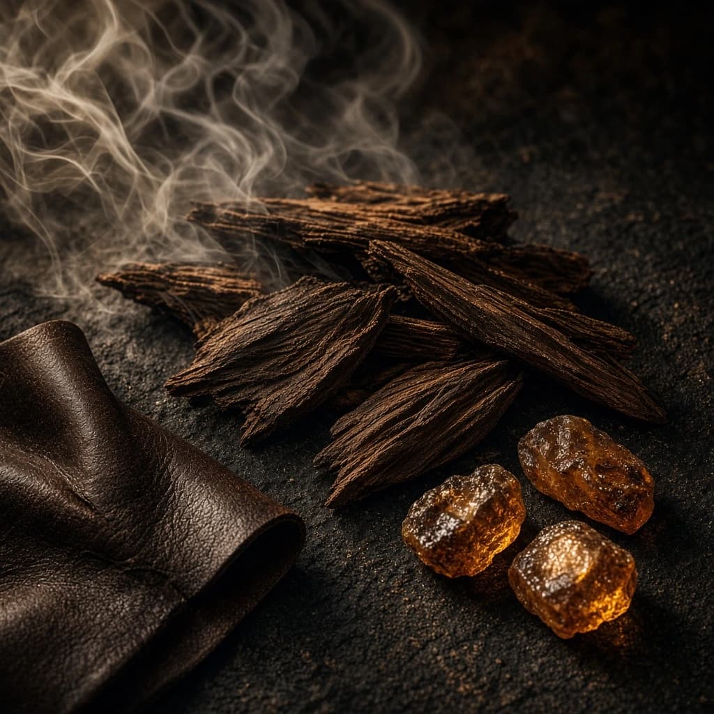 Dry-down notes — leather, oud, smoke, amber