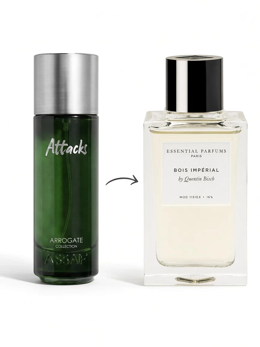 Dupe comparison: Assaf Arrogate Attacks beside Essential Parfums Bois Impérial