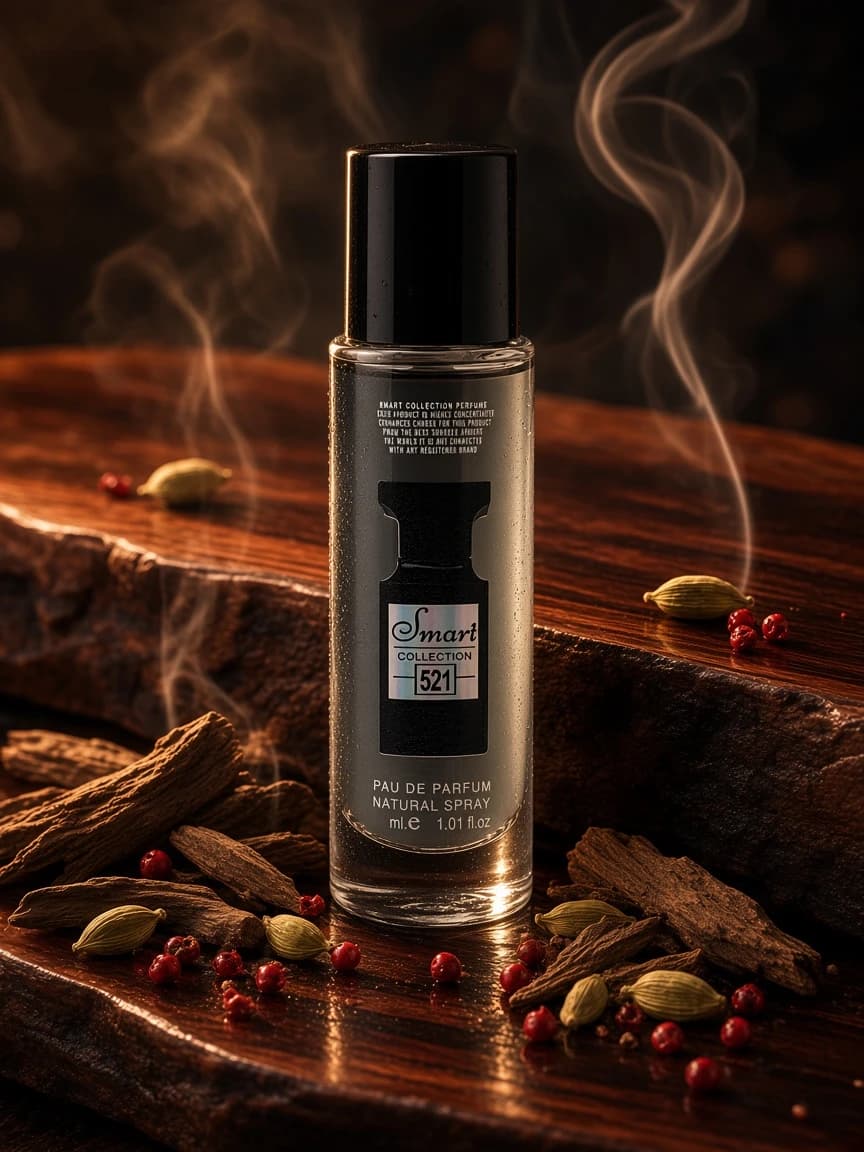 Smart Oud Wood 521 campaign — dark smoky oud wood wear vibe