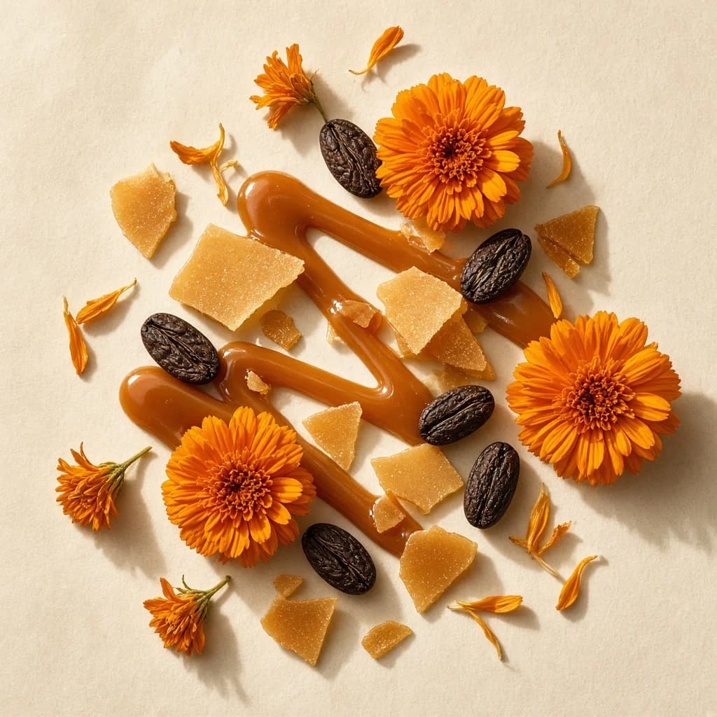 Heart notes composition — caramel, tonka bean, marigold