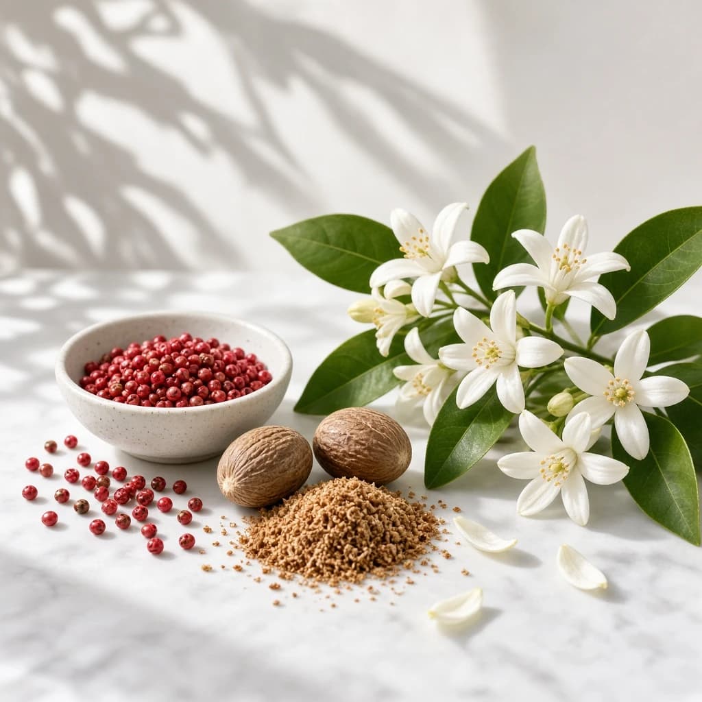 Heart notes composition — pink pepper, nutmeg, neroli