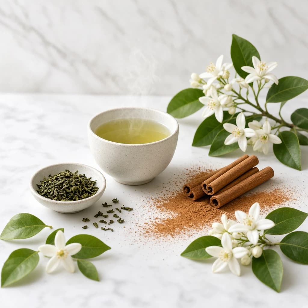 Heart notes composition — green tea, cinnamon, neroli