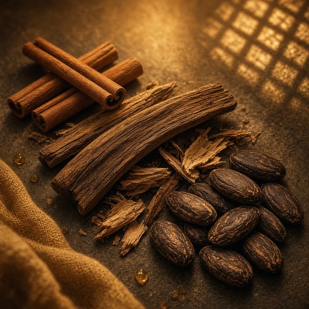 Heart notes composition — cinnamon, oak, tonka bean