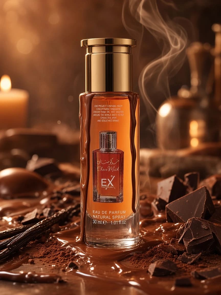 EX Choco Musk campaign — warm chocolate-vanilla evening wear vibe