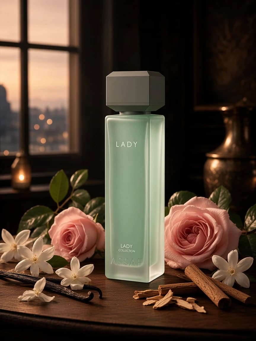 Lady at dusk among rose, jasmine, and vanilla