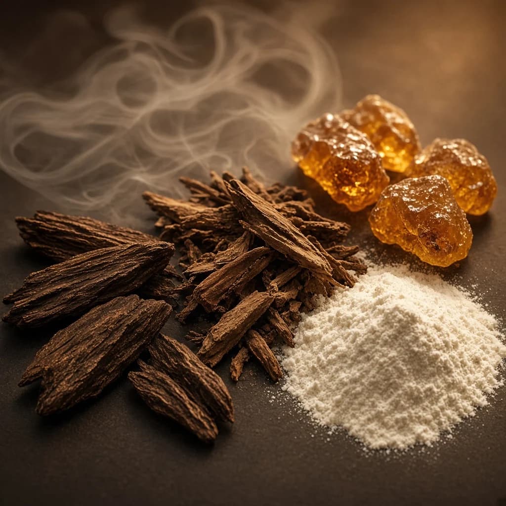 Dry-down notes composition — oud, nagarmotha, musk, amber