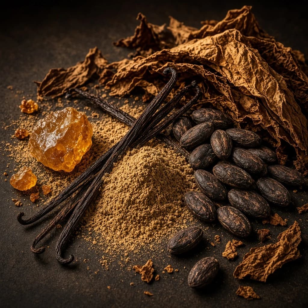 Dry-down notes composition — vanilla, tonka, amber, tobacco