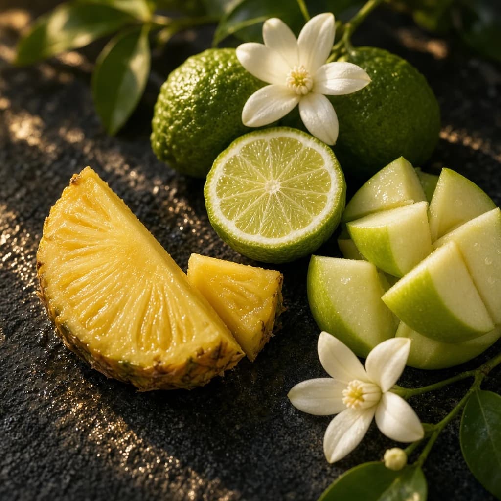 Opening notes — pineapple, bergamot, white flowers, apple