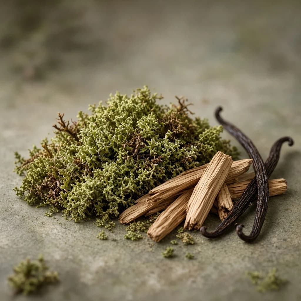 Heart notes composition — oakmoss, cedarwood, vanilla