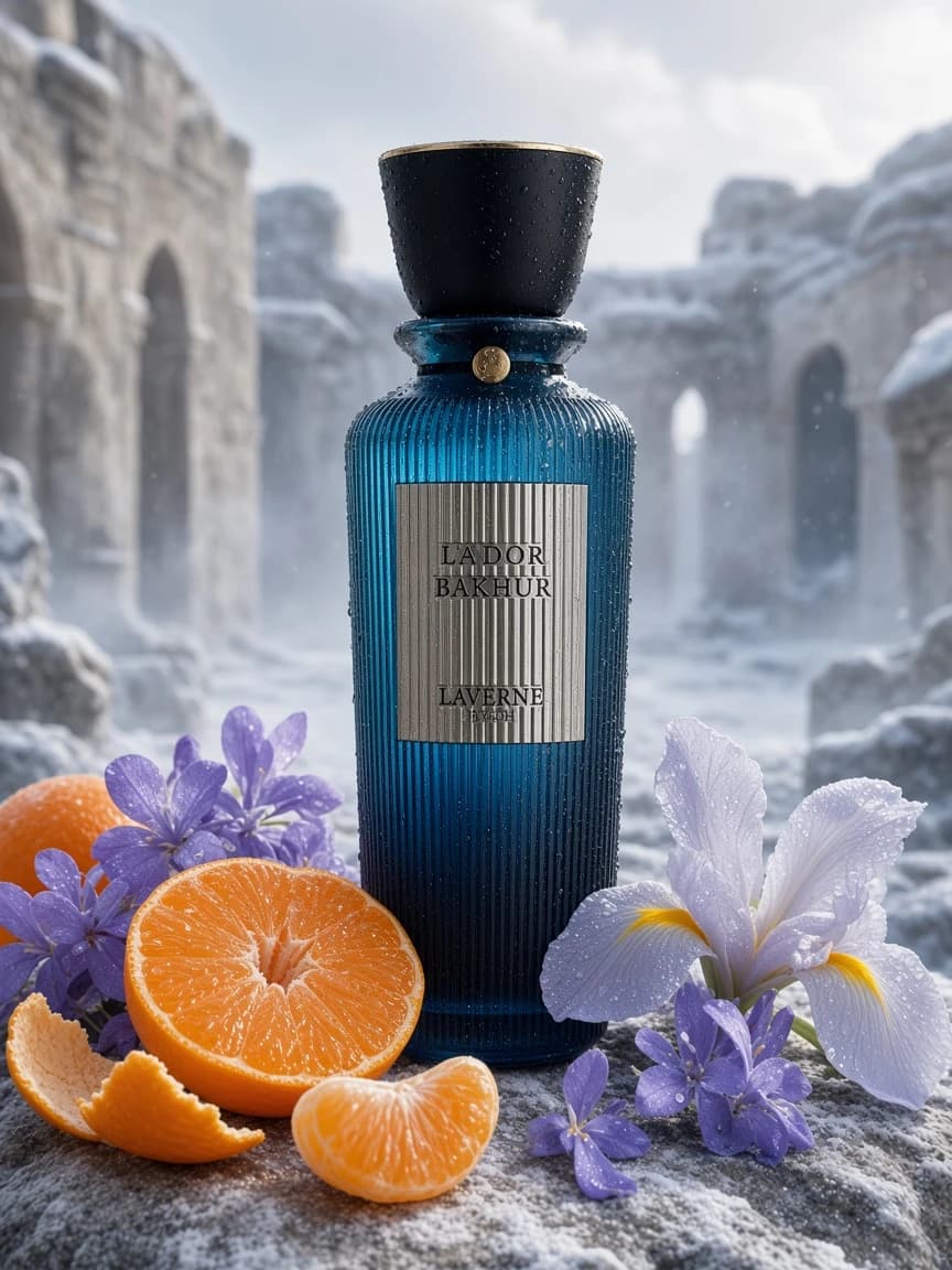 La'dor Bakhur Classic in a frost courtyard with mandarin, iris, and violet