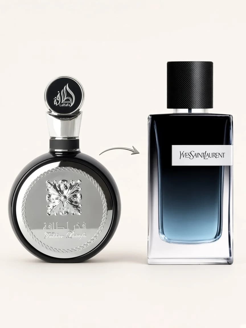 Dupe comparison — Fakhar Black beside YSL Y EDP