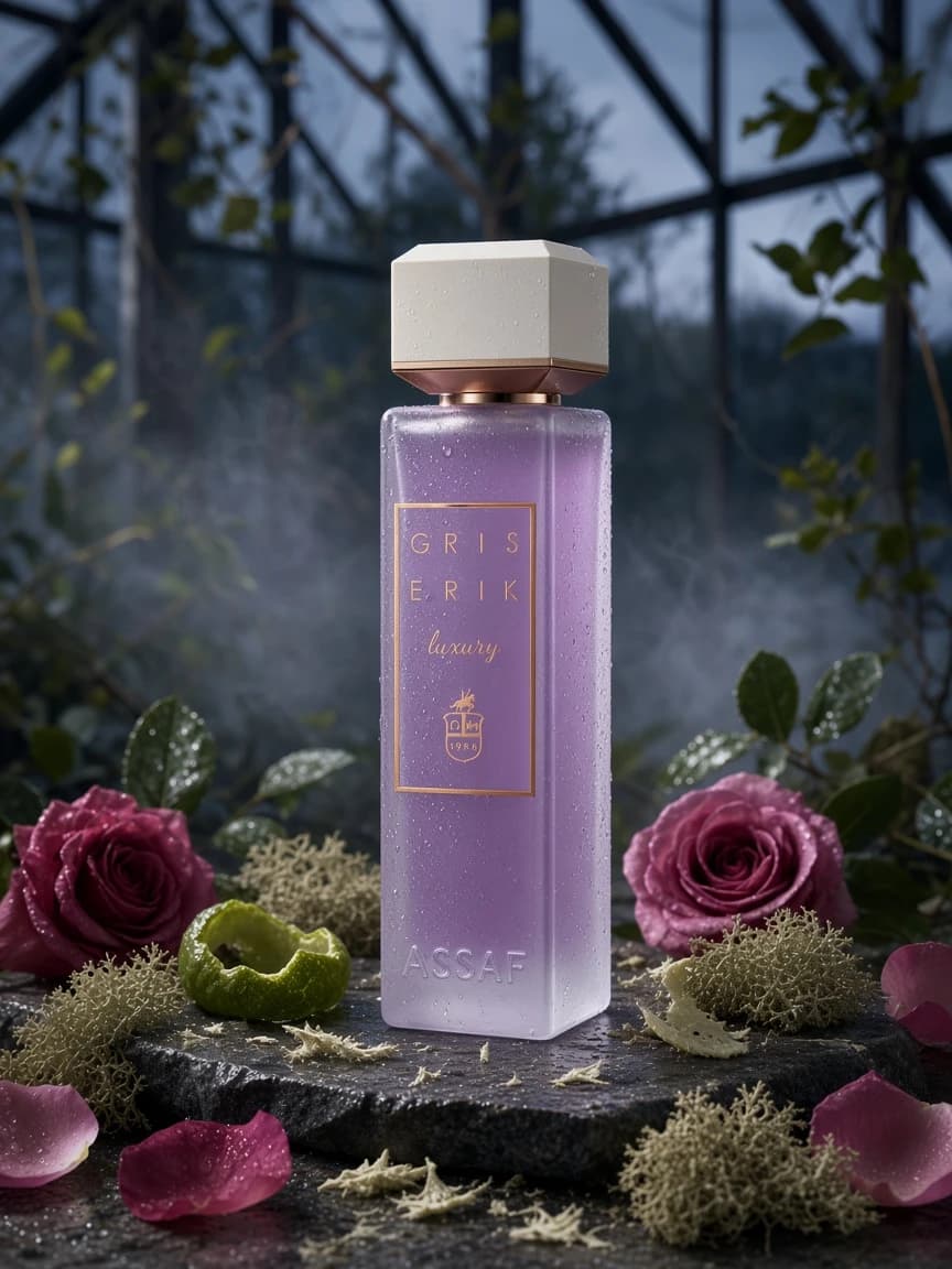 Gris Erik campaign — dusk greenhouse, rose, oakmoss, and bergamot