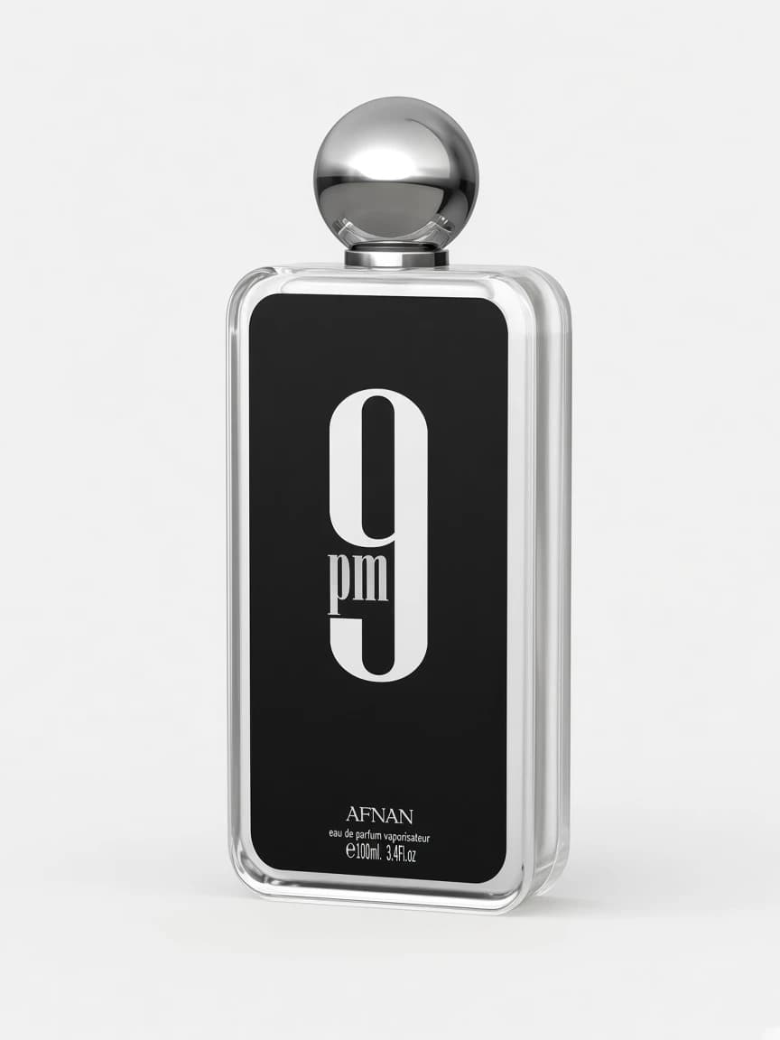 Afnan 9PM bottle on pale studio background