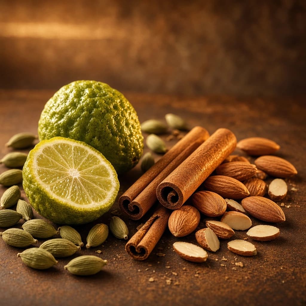 Opening notes — cardamom, bergamot, cinnamon, almond