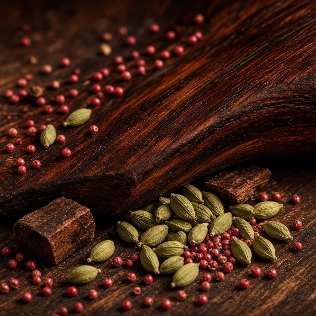 Opening notes: rosewood, cardamom, pink pepper