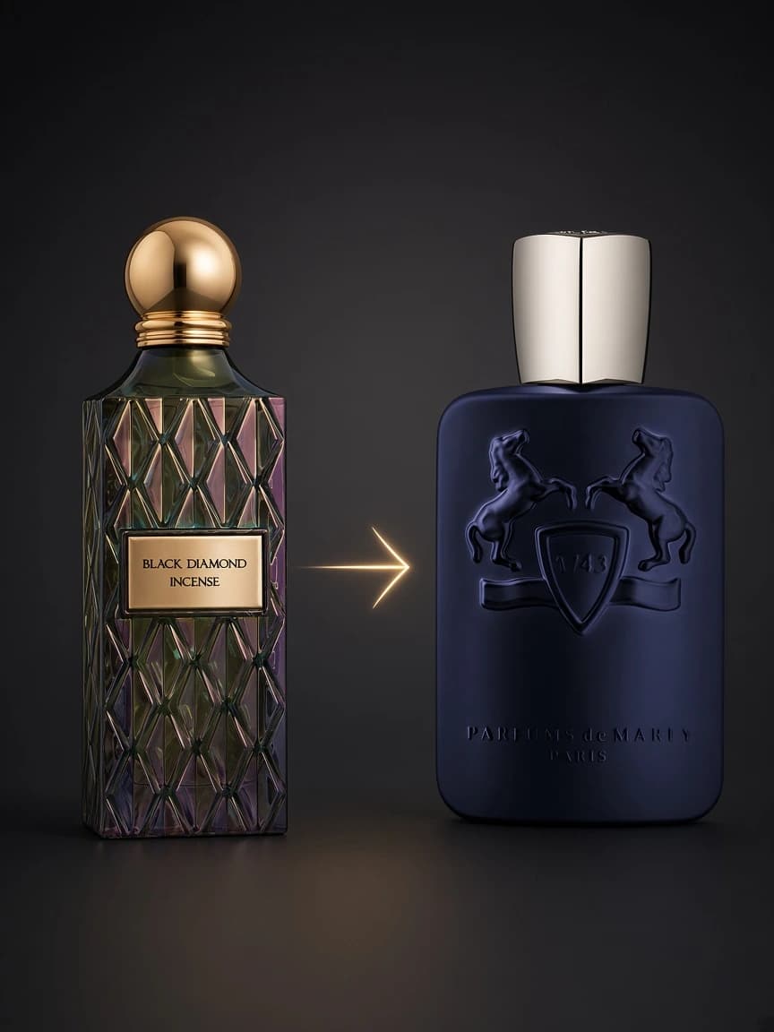 Dupe comparison: IBRAQ Black Diamond Incense beside Parfums de Marly Layton