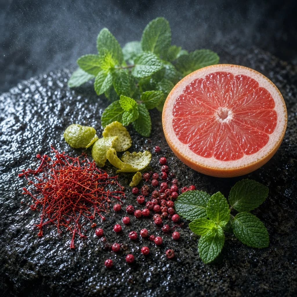 Opening notes composition — saffron, grapefruit, mint, pink pepper, bergamot